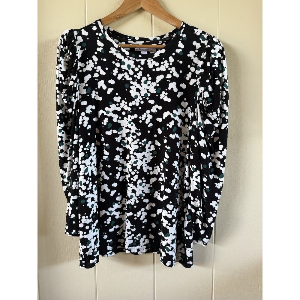 Chico’s Women’s Large Black Green & White Long Puff Sleeve Top Size 2 Career